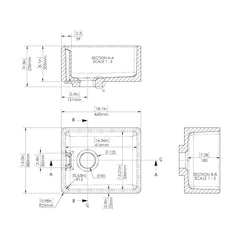 [BSK219WT14] Fireclay Kitchen Bundle: Single Bowl Belfast Sink, Strainer Waste & Bridge Tap, 460mm - Brushed Brass - Technical Drawing