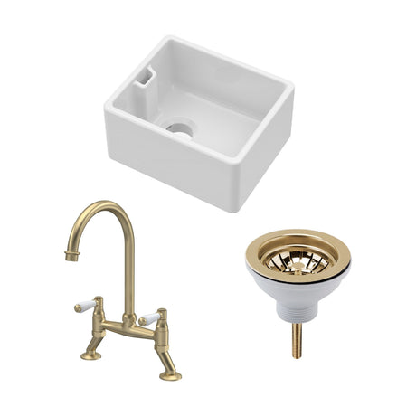 [BSK219WT15] Fireclay Kitchen Bundle: Single Bowl Belfast Sink, Strainer Waste & Bridge Lever Tap, 460mm - Brushed Brass - Cutout
