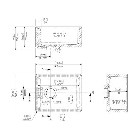 [BSK219WT15] Fireclay Kitchen Bundle: Single Bowl Belfast Sink, Strainer Waste & Bridge Lever Tap, 460mm - Brushed Brass - Technical Drawing