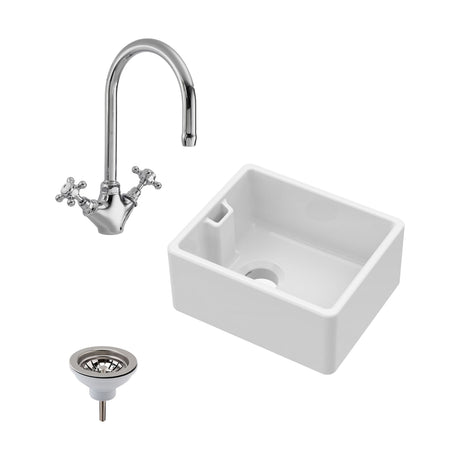 [BSK219WT2] Single Bowl Fireclay Ceramic Belfast Sink Bundle with Overflow, Mono Mixer Tap & Waste - Cutout