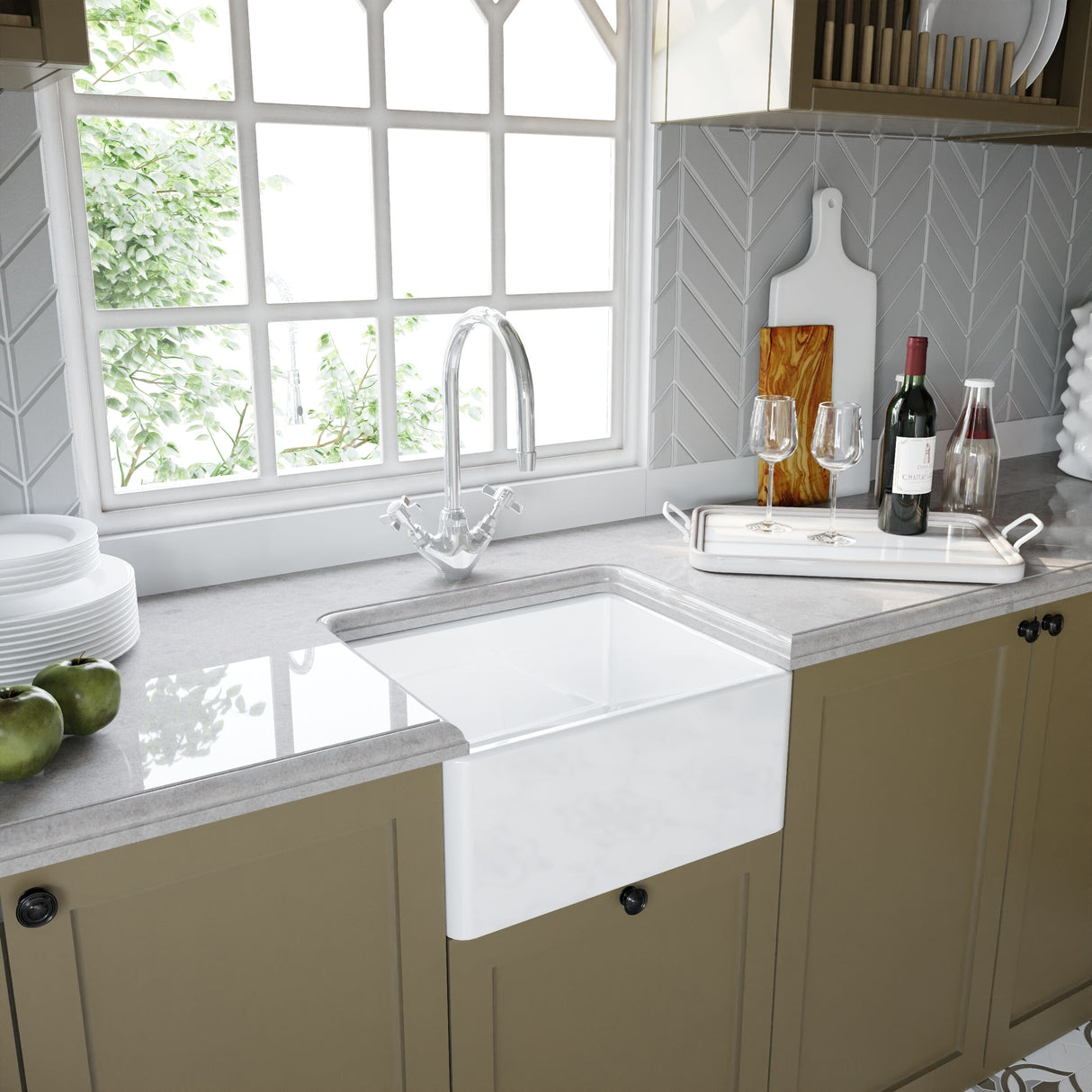 [BSK219WT2] Single Bowl Fireclay Ceramic Belfast Sink Bundle with Overflow, Mono Mixer Tap & Waste - Lifestyle 3