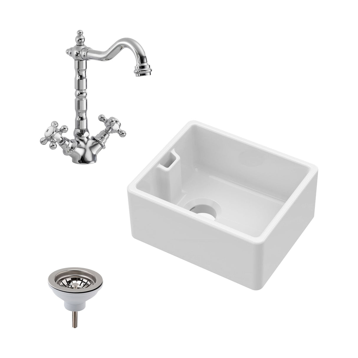 [BSK219WT4] Single Bowl Fireclay Ceramic Belfast Sink Bundle with Overflow, French Mixer Tap & Strainer Waste - Cutout