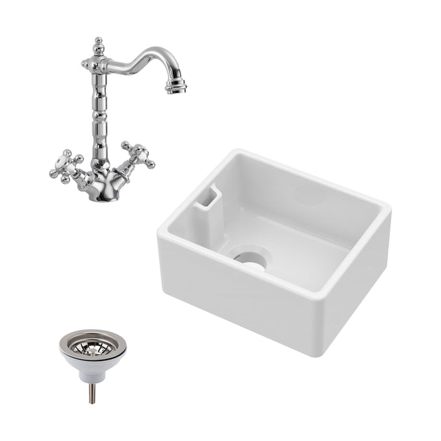 [BSK219WT4] Single Bowl Fireclay Ceramic Belfast Sink Bundle with Overflow, French Mixer Tap & Strainer Waste - Cutout