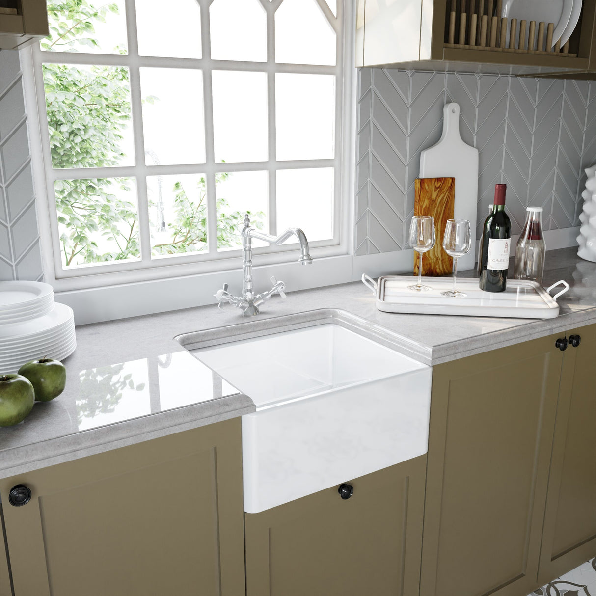[BSK219WT4] Single Bowl Fireclay Ceramic Belfast Sink Bundle with Overflow, French Mixer Tap & Strainer Waste - Lifestyle 3