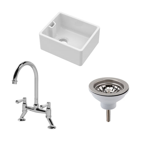 [BSK219WT5] Traditional Fireclay Kitchen Bundle: Single Bowl Belfast Sink and Strainer Waste & Bridge Kitchen Mixer Tap, 460mm - Chrome - Cutout