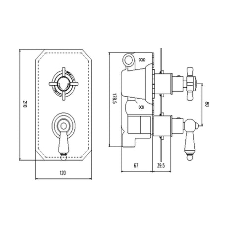 [BSKI033] Traditional Concealed Twin Thermostatic Shower Valve (1 Outlet) - Chrome - Balterley - Technical Drawing