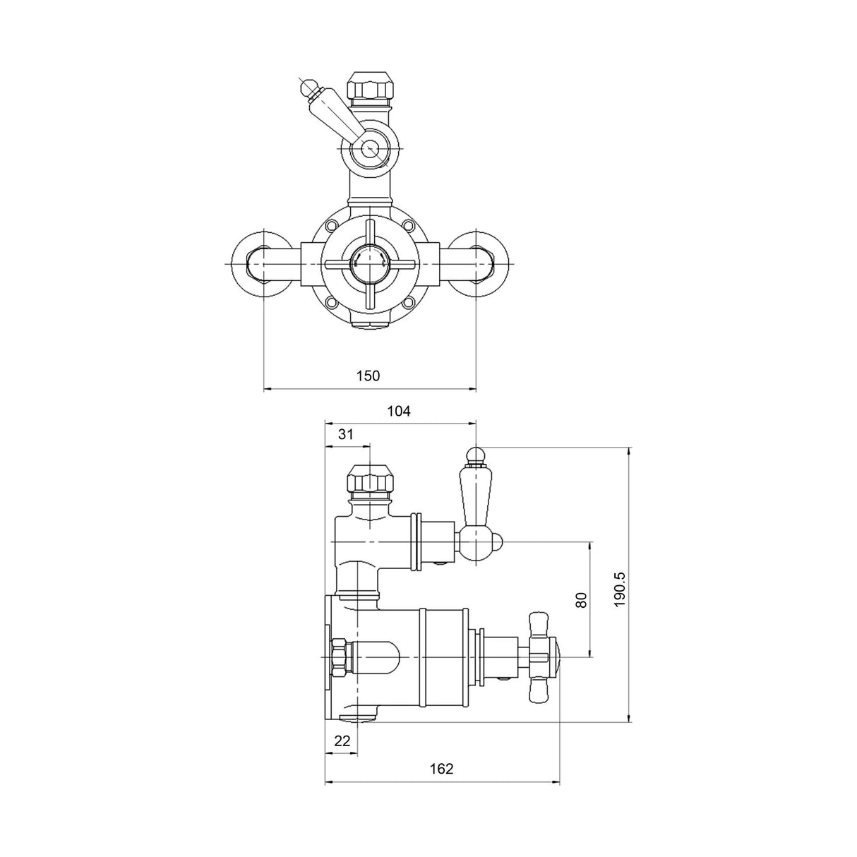 [BSKI056] Traditional Exposed Twin Thermostatic Shower Valve, 1 Outlet, Chrome Finish - Luxury Bathroom Fittings by Balterley - Technical Drawing