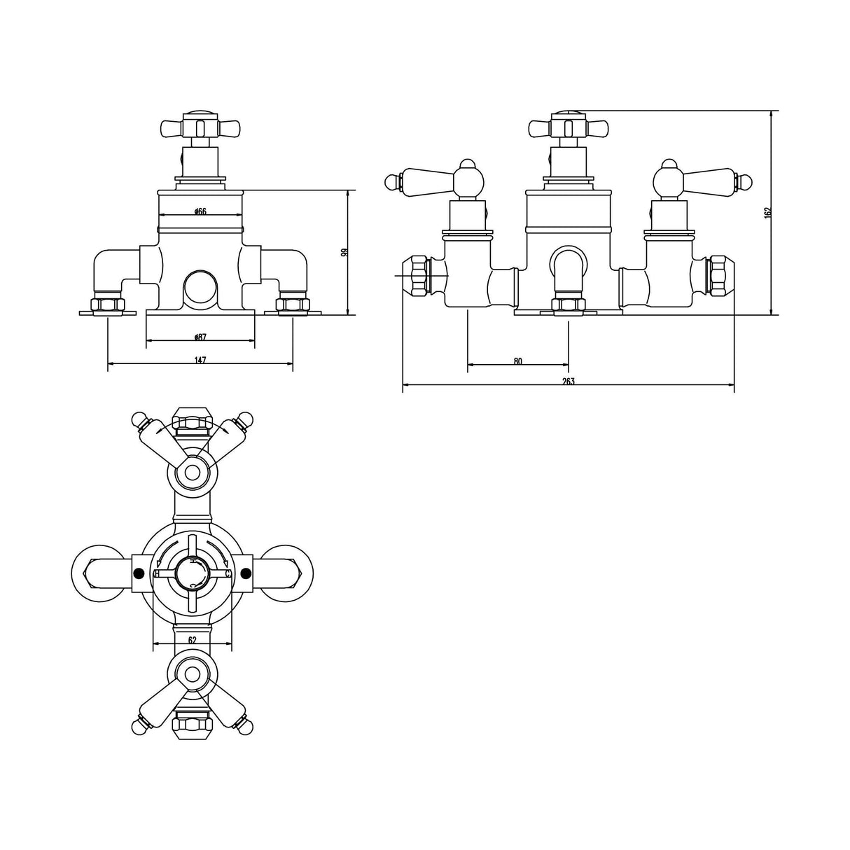 [BSKI057E] Traditional Exposed Triple Thermostatic Shower Valve - 2 Outlets - Durable Chrome Finish - Luxury Bathroom Fittings by Balterley - Technical Drawing