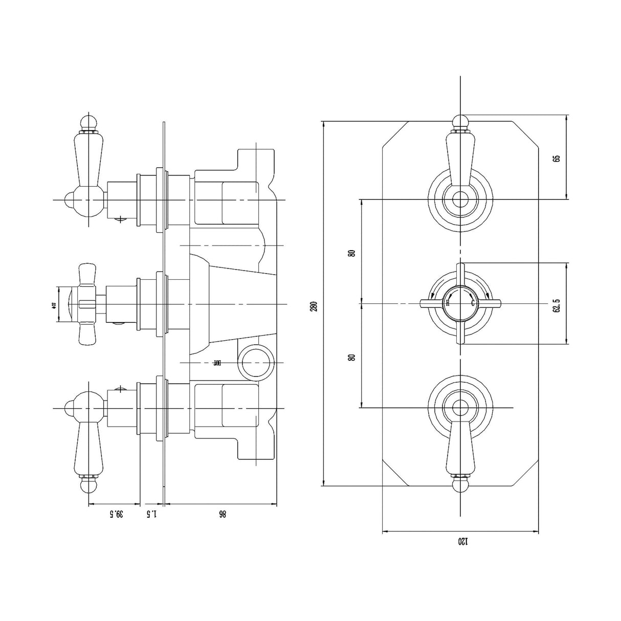 [BSKI057] Traditional Concealed Triple Thermostatic Shower Valve, 2 Outlets - Chrome - Balterley - Technical Drawing
