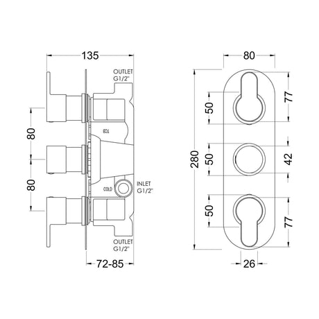 [BSPR15TR02] Pride Triple Thermostatic Valve - Technical Drawing