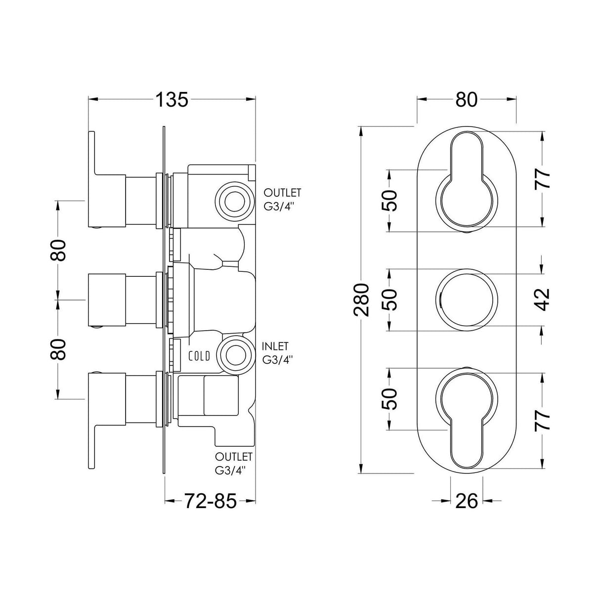 [BSPR15TR03] Pride Triple Thermostatic Valve W/DIV - Technical Drawing