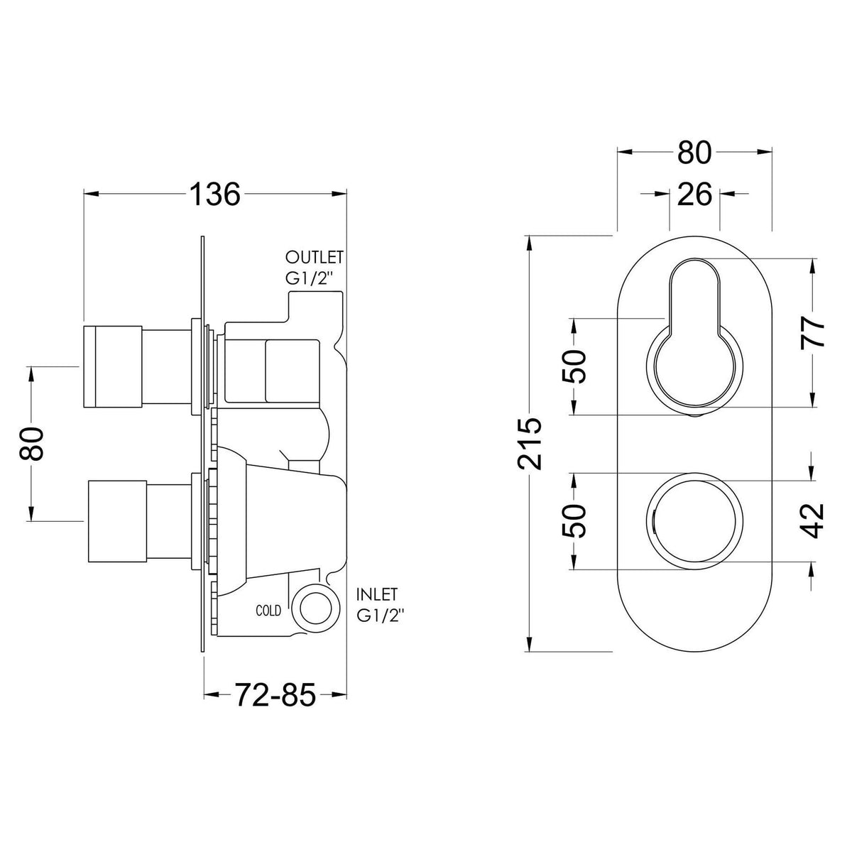 [BSPR15TW01] Consall Round Thermostatic One Outlet Shower Valve, Choice of Finish - Technical Drawing