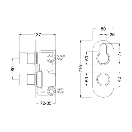 [BSPR15TW02] Pride Twin Thermostatic Valve W/DIV - Technical Drawing