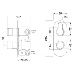 [BSPR15TW02] Consall Round Thermostatic Two Outlet Shower Valve with Diverter, Choice of Finish - Technical Drawing