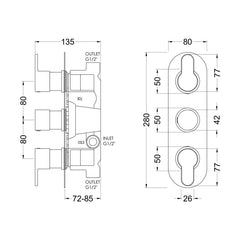 [BSPR7TR02] Consall Contemporary Round Thermostatic Two Outlet Shower Valve - Choice of Finish - Technical Drawing