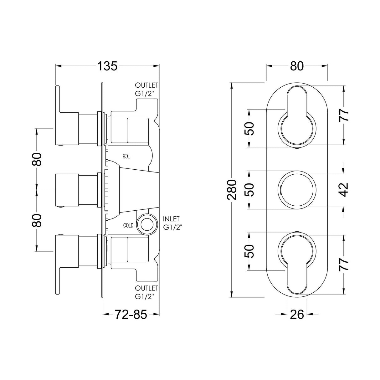 [BSPR8TR02] Consall Contemporary Round Thermostatic Two Outlet Shower Valve - Choice of Finish - Technical Drawing