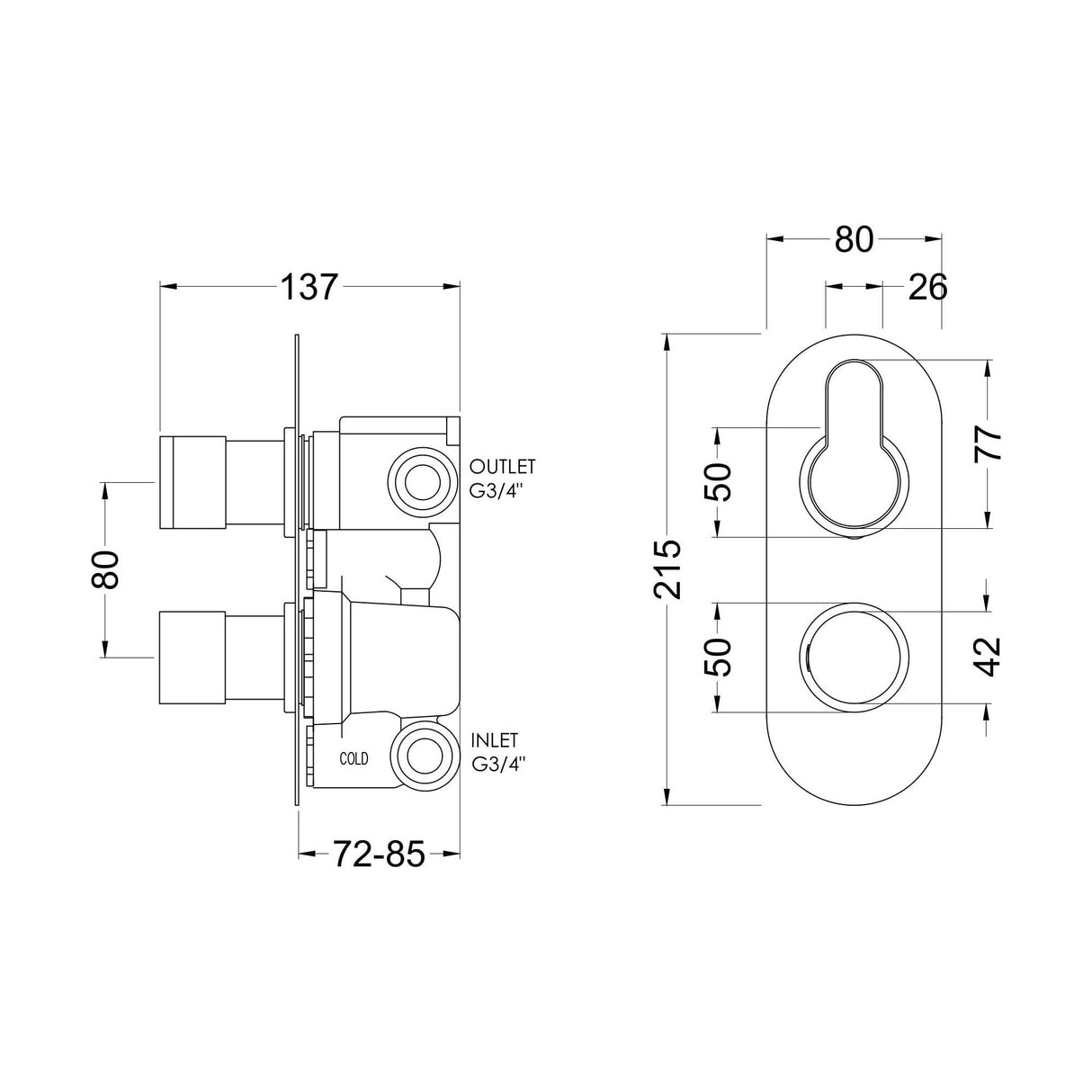 [BSPRTW02] Consall Round Thermostatic Two Outlet Shower Valve with Diverter, Choice of Finish - Technical Drawing