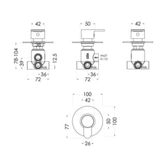[BSPRWD14] Balterley Pride Contemporary Concealed Lever Handle 2/3/4 Way Shower Diverter - Chrome - Technical Drawing
