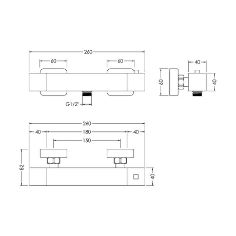 [BSRP503] Ripple Modern Bathroom Wall Mounted Square Thermostatic Bar Shower Valve with Bottom Outlet - 55mm x 275mm, Chrome by Balterley - Technical Drawing