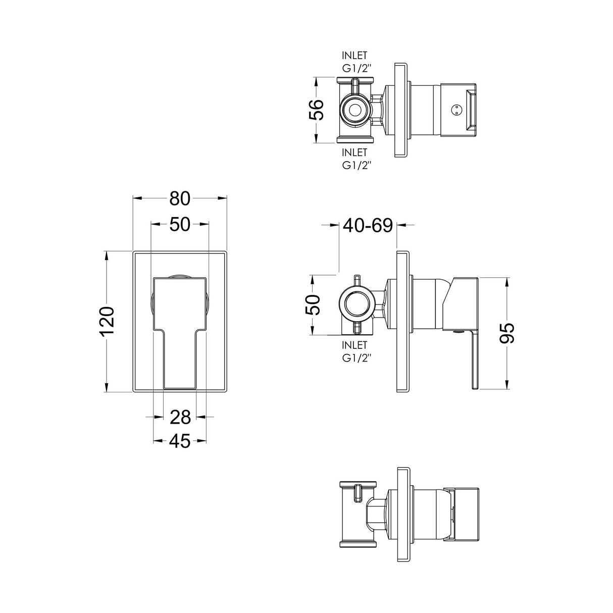 [BSRPMV10] Ripple Contemporary Bathroom Square Concealed Manual Shower Valve with Lever Handle, 120mm, Chrome - Balterley - Technical Drawing