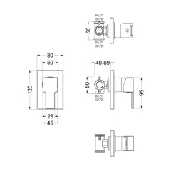 [BSRPMV10] Ripple Contemporary Bathroom Square Concealed Manual Shower Valve with Lever Handle, 120mm, Chrome - Balterley - Technical Drawing