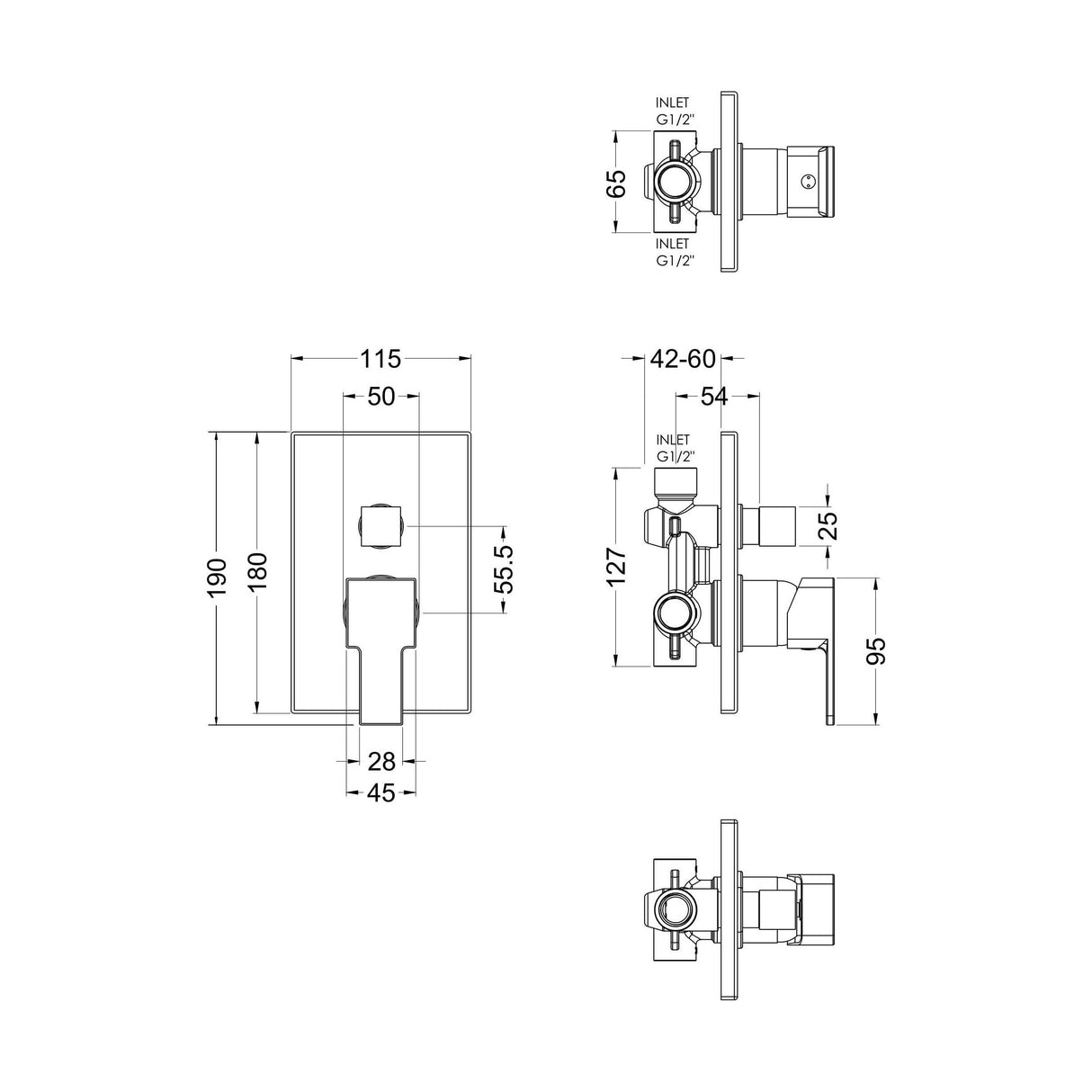 [BSRPMV12] Ripple Contemporary Bathroom Square Concealed Manual Shower Valve with Diverter and Lever Handle, 180mm, Chrome - Balterley - Technical Drawing