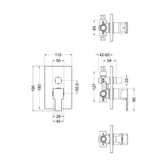 [BSRPMV12] Ripple Contemporary Bathroom Square Concealed Manual Shower Valve with Diverter and Lever Handle, 180mm, Chrome - Balterley - Technical Drawing