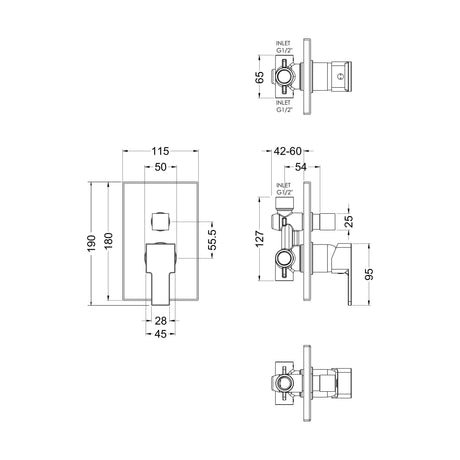 [BSRPMV12] Ripple Contemporary Bathroom Square Concealed Manual Shower Valve with Diverter and Lever Handle, 180mm, Chrome - Balterley - Technical Drawing