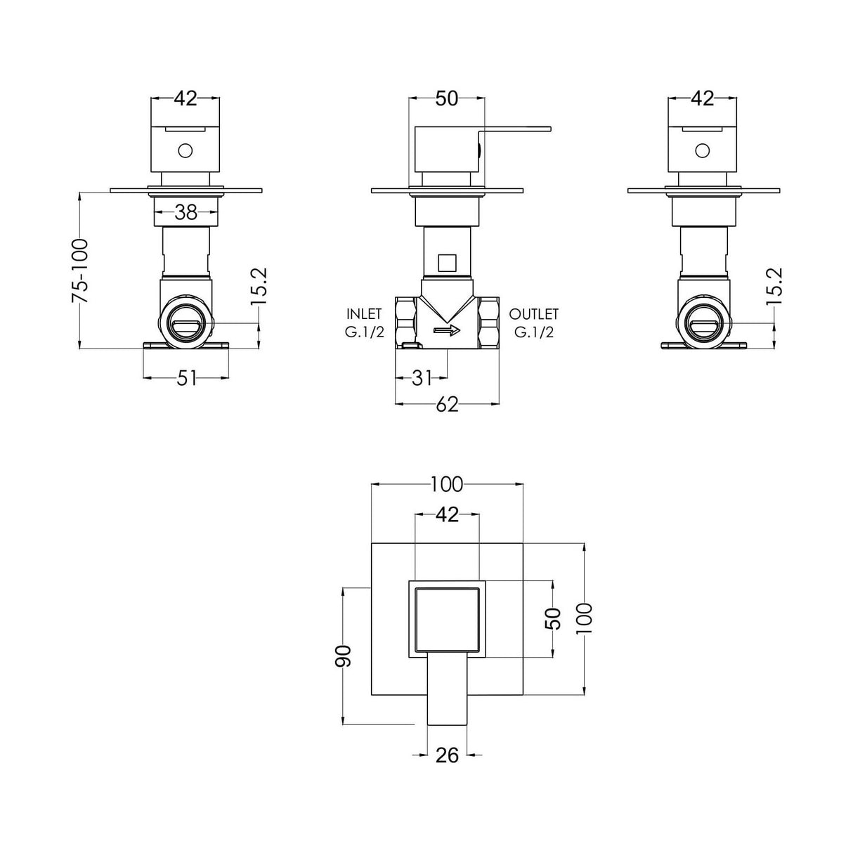 [BSRPST10] Ripple Contemporary Bathroom Square Concealed Stop Tap with Lever Handle, 100mm, Chrome - Balterley - Technical Drawing
