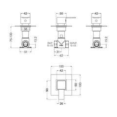 [BSRPST10] Ripple Contemporary Bathroom Square Concealed Stop Tap with Lever Handle, 100mm, Chrome - Balterley - Technical Drawing