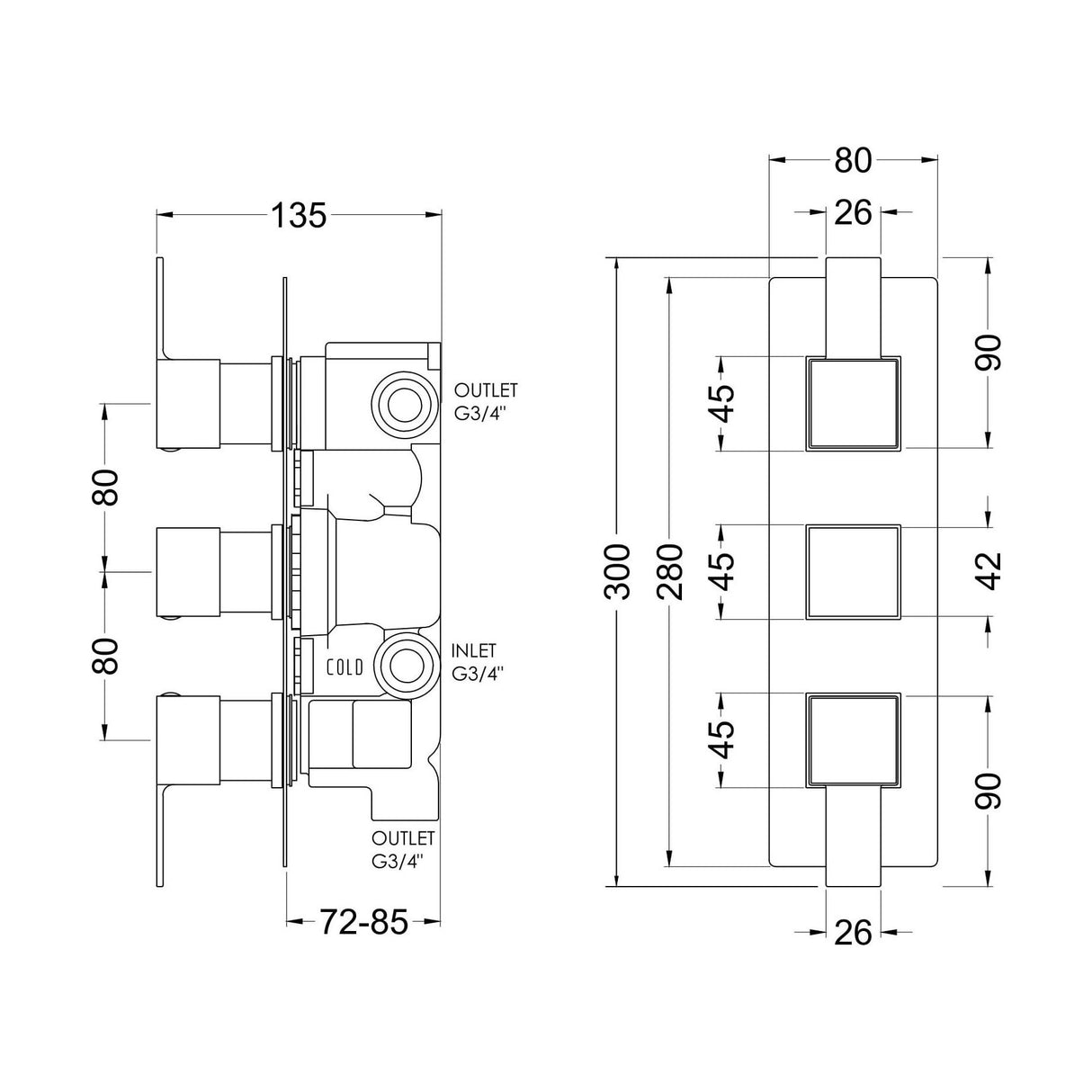 [BSRPTR03] Ripple Contemporary Bathroom Twin Concealed Thermostatic Shower Valve with Diverter and Lever Handles, 300mm, Chrome - Balterley - Technical Drawing