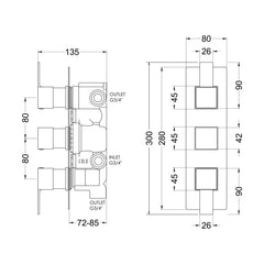 [BSRPTR03] Ripple Contemporary Bathroom Twin Concealed Thermostatic Shower Valve with Diverter and Lever Handles, 300mm, Chrome - Balterley - Technical Drawing