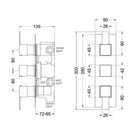 [BSRPTR03] Ripple Contemporary Bathroom Twin Concealed Thermostatic Shower Valve with Diverter and Lever Handles, 300mm, Chrome - Balterley - Technical Drawing