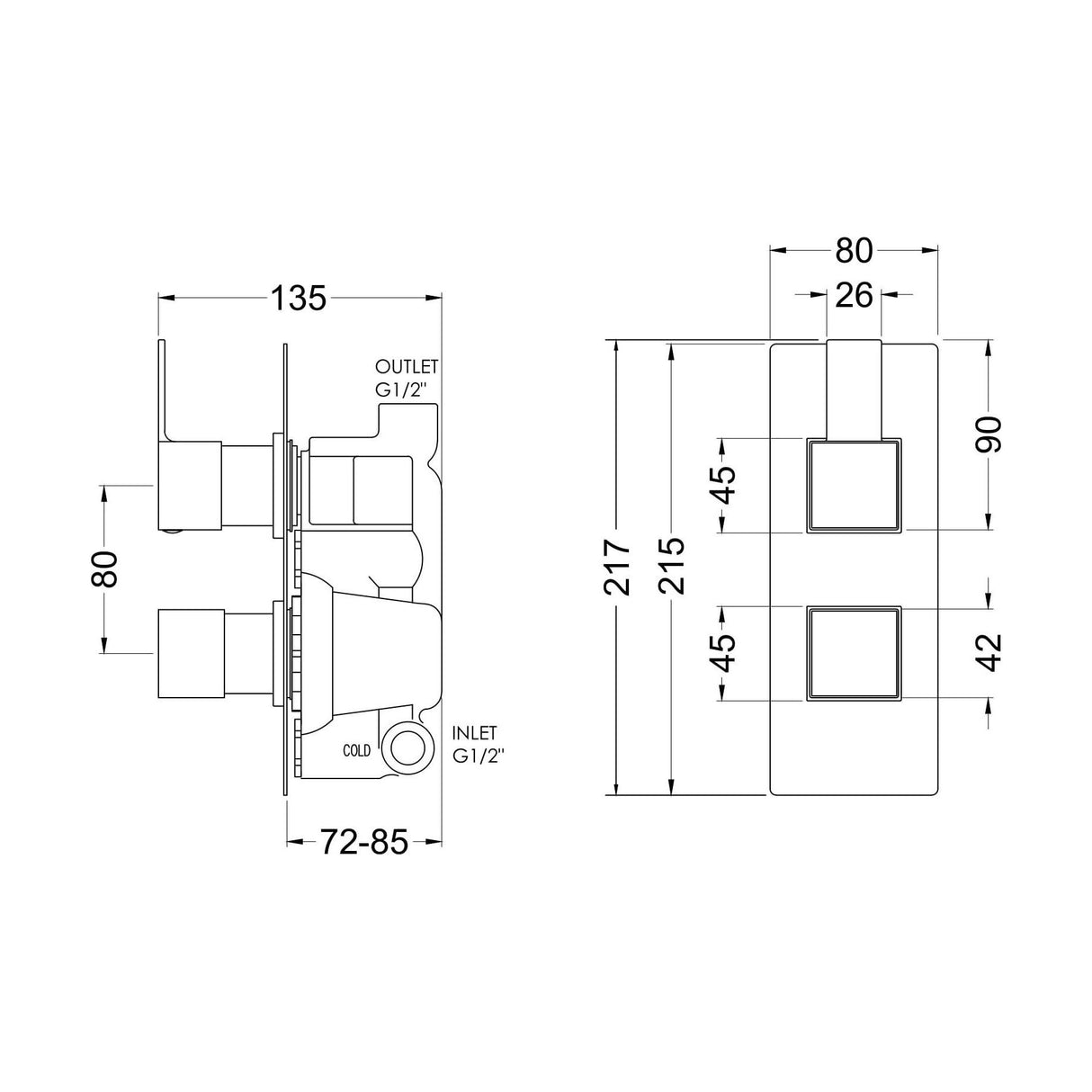 [BSRPTW01] Ripple Contemporary Bathroom Twin Concealed Thermostatic Shower Valve with Lever Handle, 215mm, Chrome - Balterley - Technical Drawing