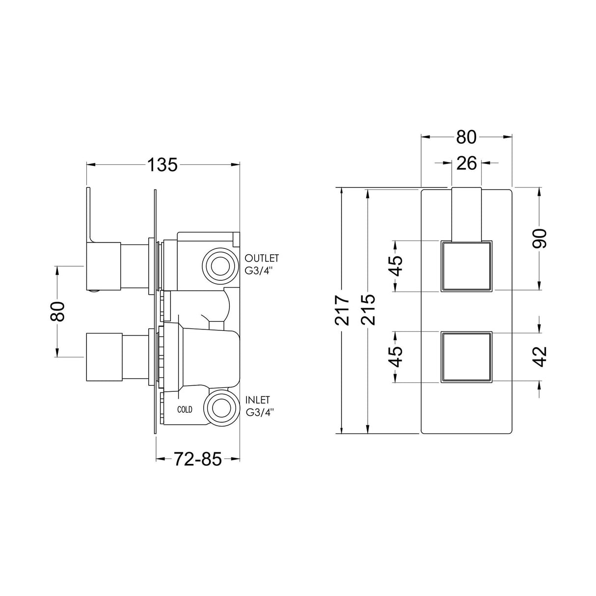 [BSRPTW02] Ripple Contemporary Bathroom Twin Concealed Thermostatic Shower Valve with Diverter and Lever Handle, 215mm, Chrome - Balterley - Technical Drawing