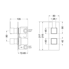 [BSRPTW02] Ripple Contemporary Bathroom Twin Concealed Thermostatic Shower Valve with Diverter and Lever Handle, 215mm, Chrome - Balterley - Technical Drawing