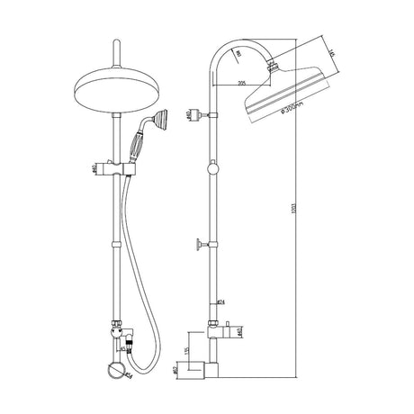 [BSRR238] Minimal Rigid Riser Shower Kit with Fixed Head & Handset  - Chrome/White - Technical Drawing