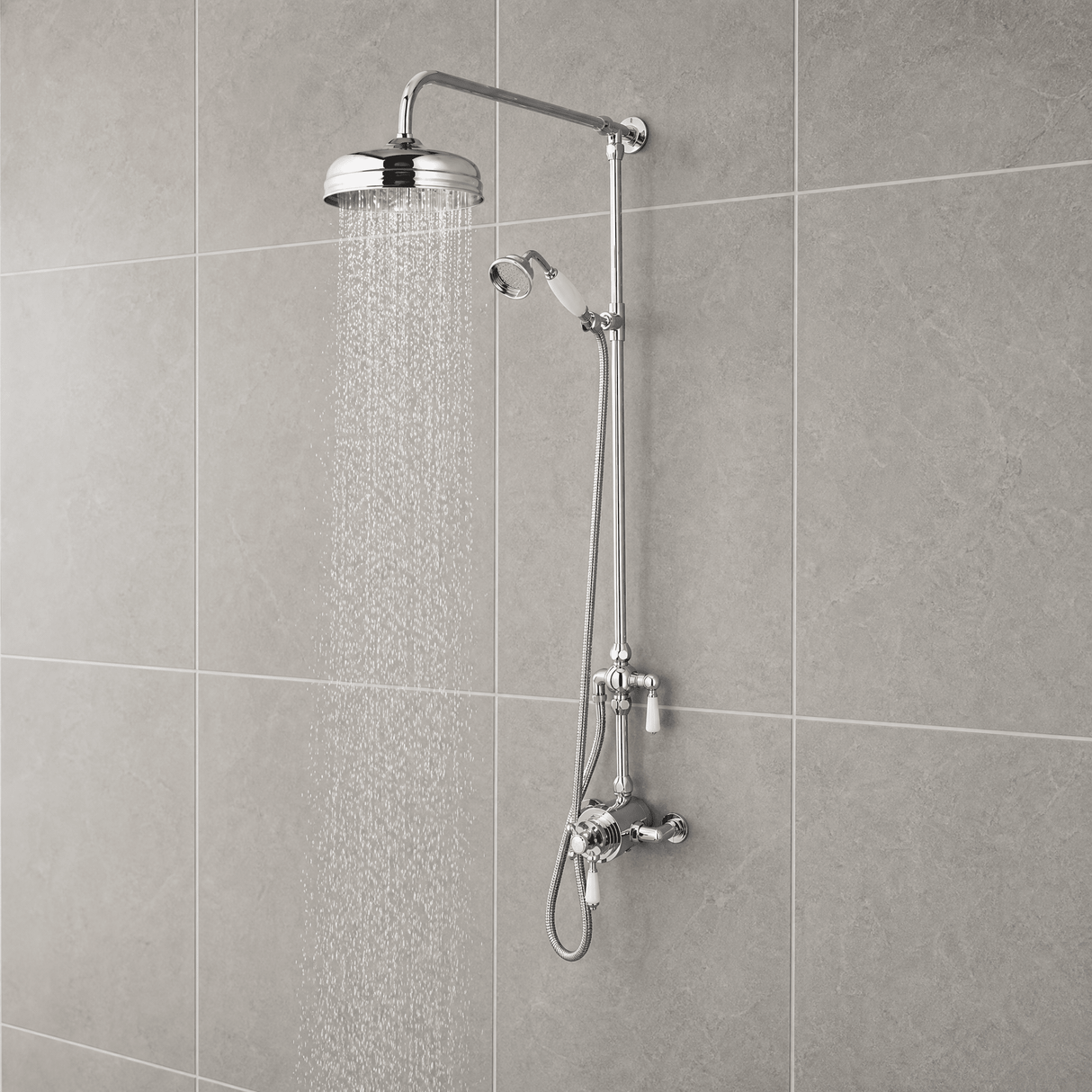 [BSRR312] Exposed Grand Rigid Riser Shower Kit with Fixed Head & Handset  - Chrome/White - Lifestyle 1