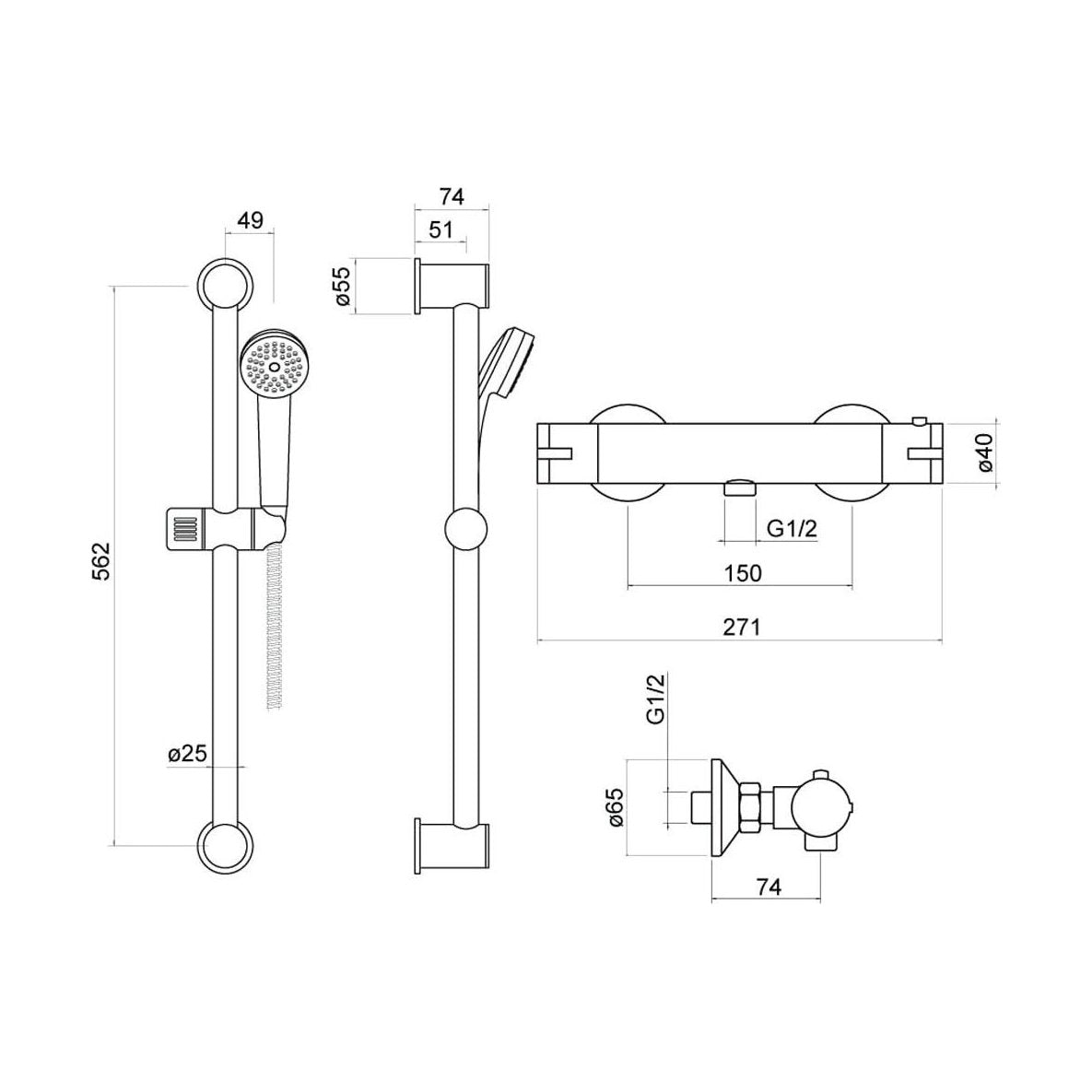 [BSS001] Round Exposed Bar Valve Shower Mixer Set 562mm x 74mm - Chrome - Technical Drawing
