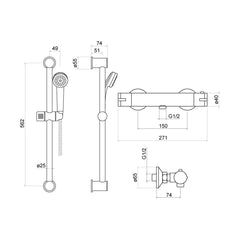 [BSS001] Round Exposed Bar Valve Shower Mixer Set 562mm x 74mm - Chrome - Technical Drawing