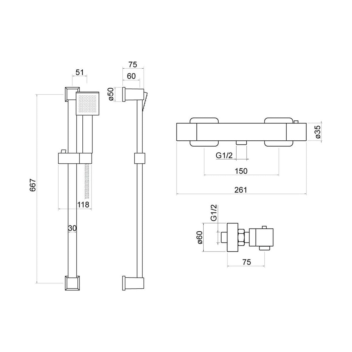 [BSS002] Square Exposed Bar Valve Shower Mixer Set 667mm x 75mm - Chrome - Technical Drawing