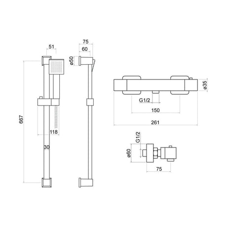 [BSS002] Square Exposed Bar Valve Shower Mixer Set 667mm x 75mm - Chrome - Technical Drawing