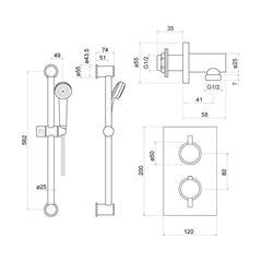 [BSS004] Concealed Thermostatic Shower Valve Set 562mm x 74mm - Chrome - Technical Drawing