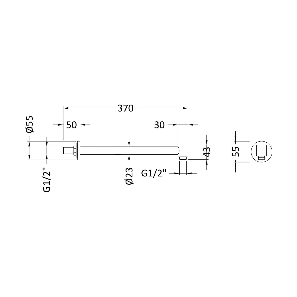 [BSSA003] Balterley Contemporary Wall Mount Round Shower Arm - 328mm - Chrome - Technical Drawing