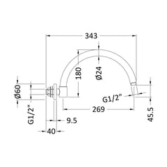 [BSSA006] Round Wall Mount Curved Shower Arm - 303mm - Chrome - Technical Drawing