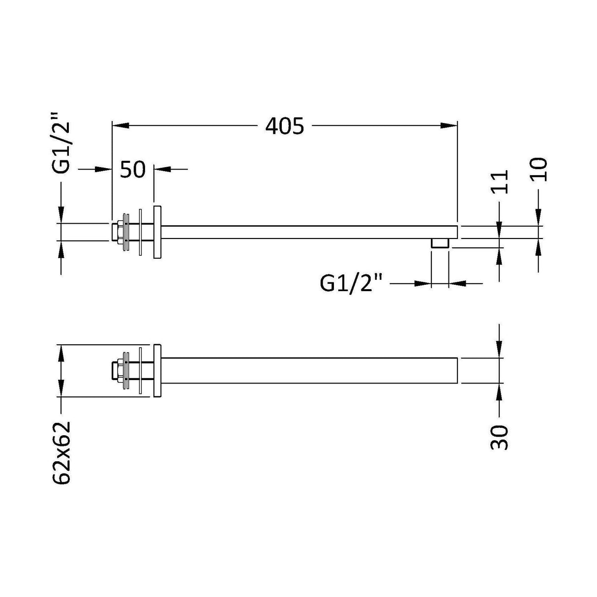 [BSSA013] Small Rectangular Shower Arm - Technical Drawing