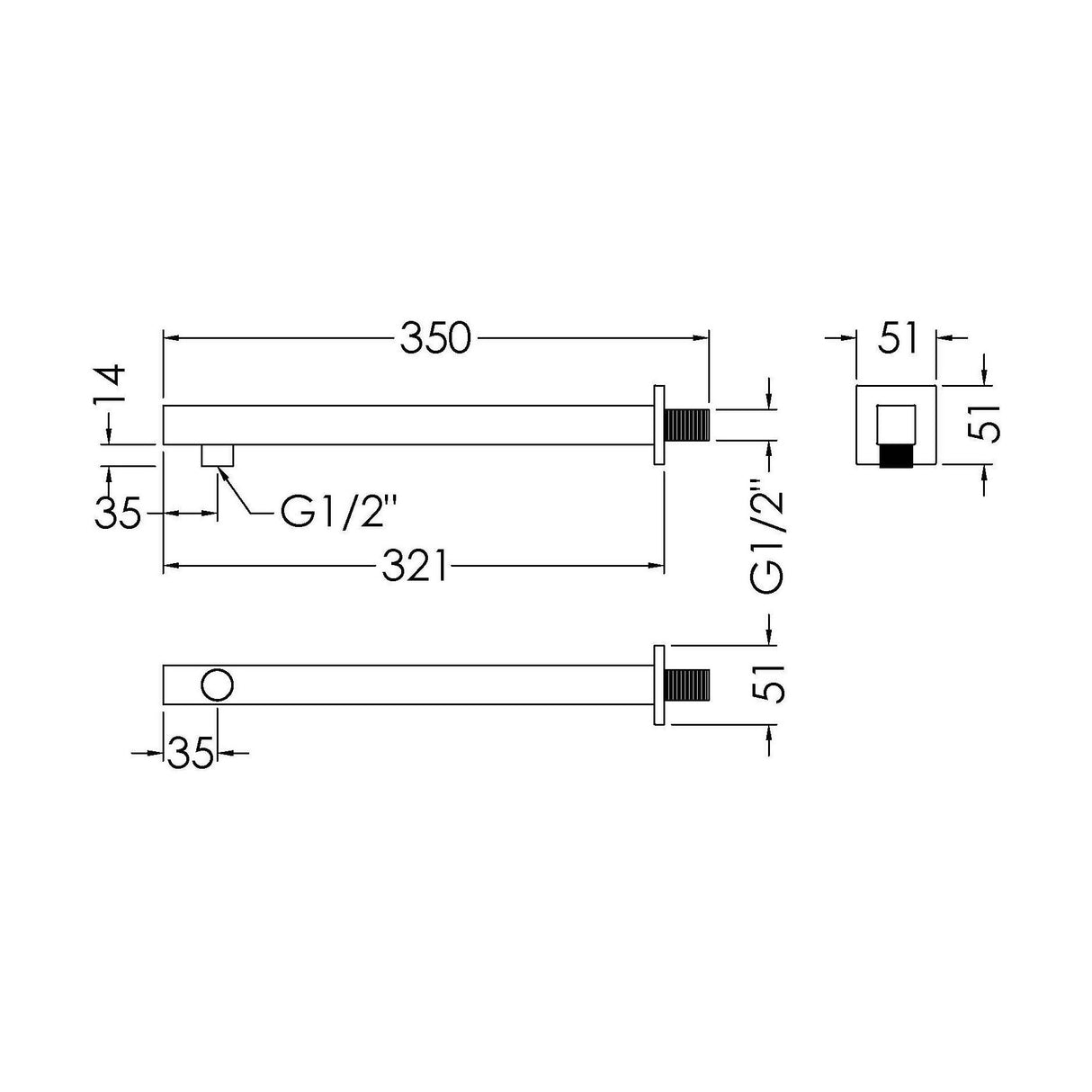 [BSSA019] Balterley Square Wall Mount Shower Arm - 360mm - Chrome - Technical Drawing