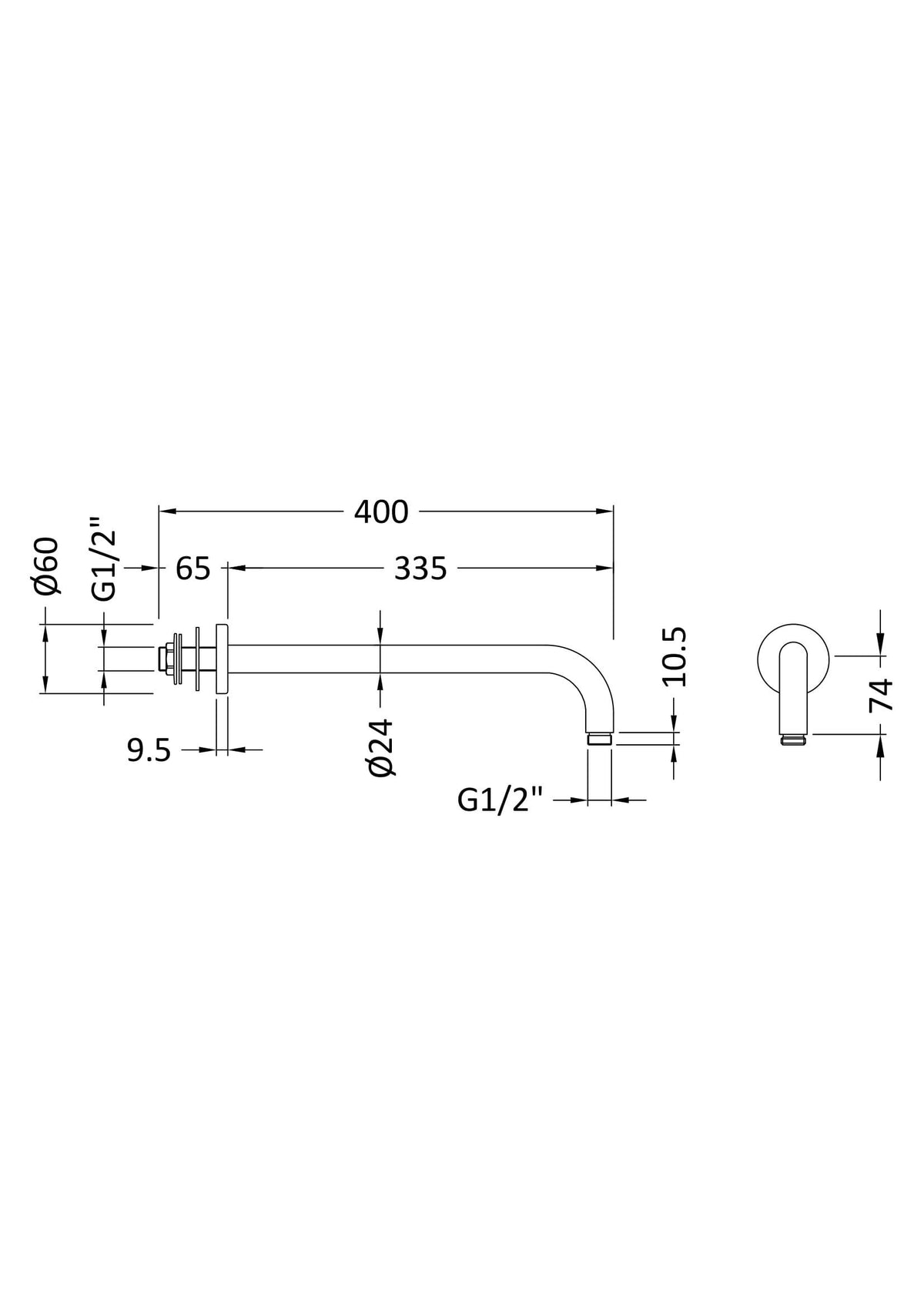 [BSSA1501] Balterley Round Wall Mount Shower Arm, 345mm, Choice of Finish - Technical Drawing