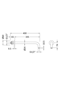 [BSSA1501] Balterley Round Wall Mount Shower Arm, 345mm, Choice of Finish - Technical Drawing