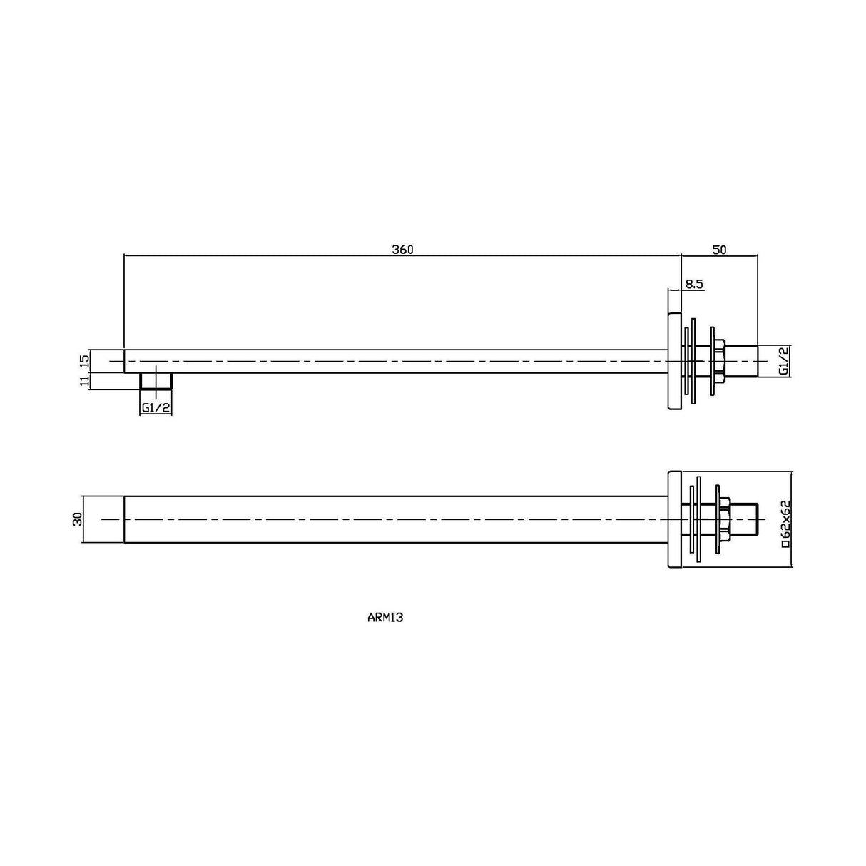 [BSSA1513] Small Rectangular Shower Arm - Technical Drawing